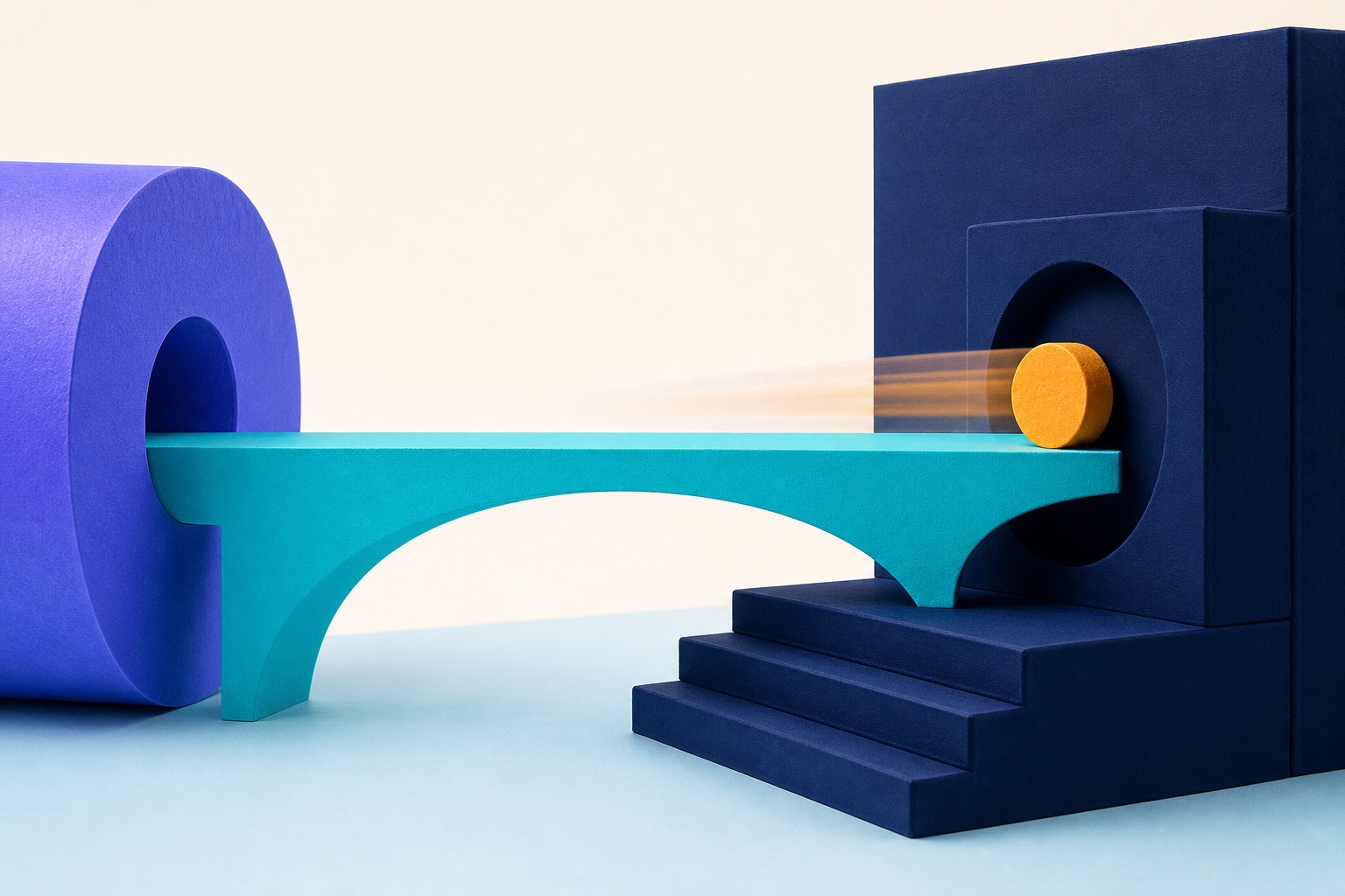 An ochre token completing its journey across a cyan bridge into a navy destination